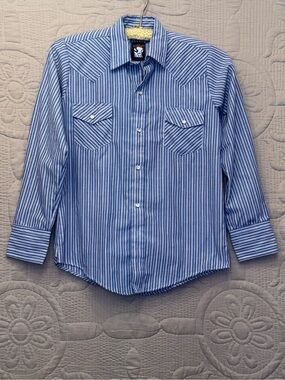 Karman Boys Vintage Blue Vertical Striped Pearl Snap-up Shirt